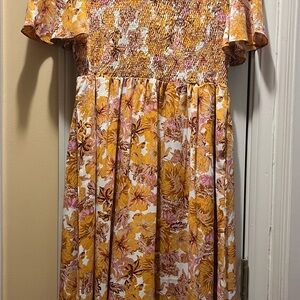 Smocked Floral Midi Dress in Yellow and Pink